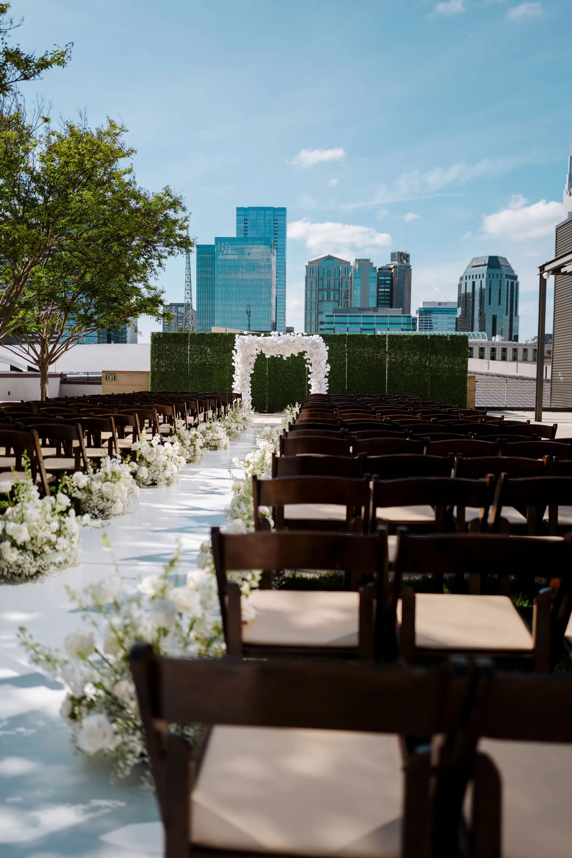 Rooftop ceremony setup with Nashville skyline